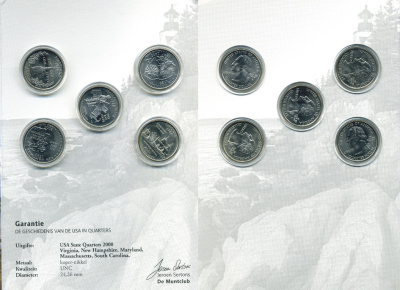 США набор из 5 монет 2000 история США в квотерах, в буклете, монеты в капсулах. Мэриленд, Массачусетс, Вирджиния, Южная Каролина, Нью-Гэмпшир    UNC  1181-2-08