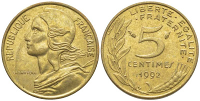 ФРАНЦИЯ 5 САНТИМОВ 1992 ТИП MARIANNE, 4 PILIS KM 933, LE FRANC 125.30 медь алюминий никель 116-458