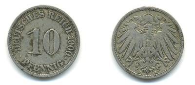 Германия 10 пфеннигов 1900 A KM 12, J. 13 медно-никель 4379-829