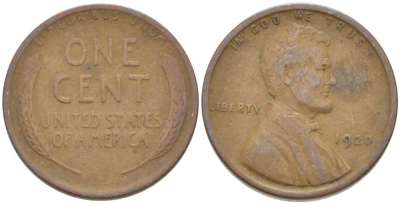 США 1 ЦЕНТ 1920 ЛИНКОЛЬН KM 132 бронза 218-755