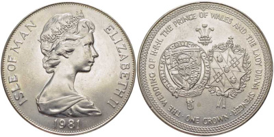 Остров Мэн 1 крона 1981 Королевская свадьба принца Чарльза и леди Дианы, гербы KM 81 медно-никель UNC 107-611