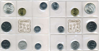 Сан-Марино годовой набор из 8 монет 1972 1, 2, 5, 10, 20, 50, 100 и 500 лир мать поднимает ребенка в воздух KM 14-21, в оригинальной пластиковой запайке серебро KM MS1 серебро UNC 5-4-3-46
