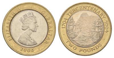 Гибралтар 2 фунта 2004 300 лет захвату Гибралтара KM 1057 биметалл UNC 4666-351