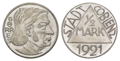 Кобленц 1/2 марки 1921 Funck 80.9A, Men05 4526.18, Men18 5727.18/20 сталь UNC 4637-1135