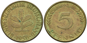 ФРГ 5 ПФЕННИГОВ 1950 G KM 107, J.382 сталь плакированная латунью 75-454