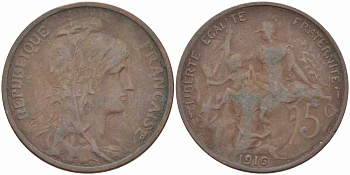 ФРАНЦИЯ 5 САНТИМОВ 1916 ТИП ДАНИЭЛЬ ДЮПЮИ KM 842, LE FRANC 119.28 бронза 108-1014