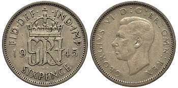 Великобритания 6 пенсов 1945 Георг VI (1936-1952) KM 852, Spink 4084 серебро 4538-615
