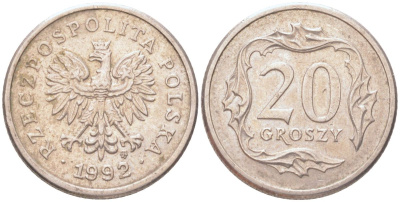 Польша 20 грошей 1992 Y 280 медно-никель UNC 4614-644