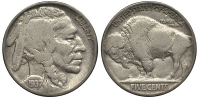 США 5 ЦЕНТОВ 1937 ИНДЕЕЦ, БИЗОН KM 134 медно-никель 27-711