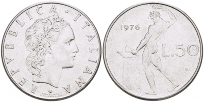 Италия 50 лир 1976 R, бог Вулкан у наковальни KM 95.1 нержавеющая сталь 77-854