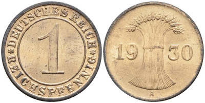 ГЕРМАНИЯ 1 РЕЙХСПФЕННИГ 1930 A KM 37, J. 313, Weege 2 бронза 4547-145
