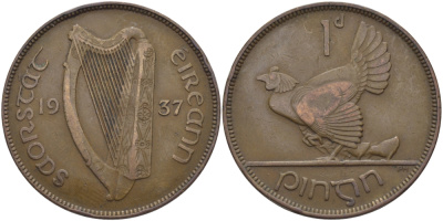 ИРЛАНДИЯ 1 ПЕННИ 1937 КУРИЦА С ЦЫПЛЯТАМИ KM 3 бронза 97-943