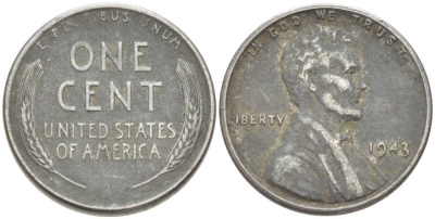 США 1 цент 1943 Авраам Линкольн KM 132а сталь плакированная цинком 3309-457