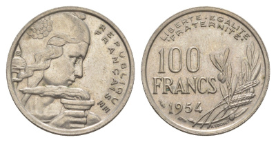 Франция 100 франков 1954 KM 919 медно-никель 4629-1016