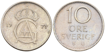 Швеция 10 эре 1971 U, Густав VI Адольф (1950-1973) КМ 835 медно-никель 4169-116