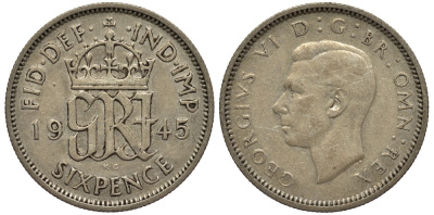 Великобритания 6 пенсов 1945 Георг VI (1936-1952) KM 852, Spink 4084 серебро 4538-615