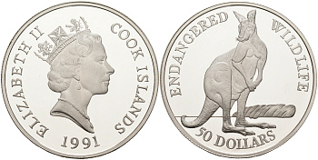 Острова Кука 50 долларов 1991 серия охрана окружающей среды, кенгуру KM 124 серебро  PROOF  1098-3-22