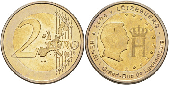 Люксембург 2 евро 2004 Портрет и монограмма герцога Люксембурга Анри Нассау KM 85 биметалл UNC 4185-924