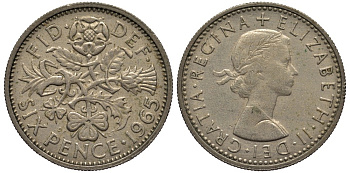 Великобритания 6 пенсов 1965 Елизавета II (1952-2022) KM 903, Spink 4149 медно-никель 4538-647