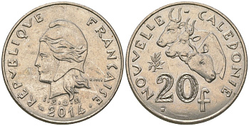 Французская Новая Каледония 20 франков 2014 три быка, (IEOM) KM 12a, Schoen 14a, Lec 115j медно-никель 84-1142