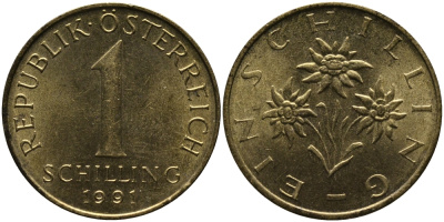 АВСТРИЯ 1 ШИЛЛИНГ 1991 KM 2886 алюминиевая бронза 33-546