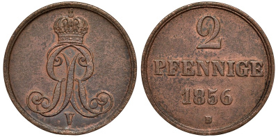Брауншвейг-Каленберг-Ганновер 2 пфеннига 1856 B, Георг V (1851-1866) KM 217,  AKS 152, J. 84 медь 4142-152