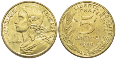ФРАНЦИЯ 5 САНТИМОВ 1980 ТИП MARIANNE KM 933, LE FRANC 125.16 медь алюминий никель 116-452