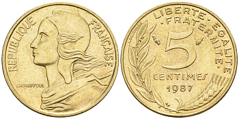 Франция 5 сантимов 1987 тип Марианна KM 933 никель алюминий медь    4594-1144
