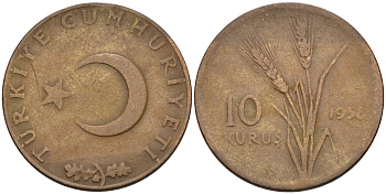 ТУРЦИЯ 10 КУРУШЕЙ 1958 KM 891.1 бронза 4592-317