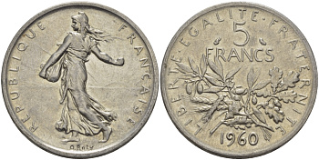 Франция 5 франков 1960 сеятель KM 926, LE FRANC 340.4 серебро 97-744