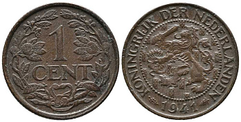 НИДЕРЛАНДЫ 1 ЦЕНТ 1941 ВИЛЬГЕЛЬМИНА KM 152 бронза 39-1254
