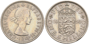 Великобритания 1 шиллинг 1959 Елизавета II (1952-2022), Английский герб KM 904, Spink 4147 медно-никель 4116-837