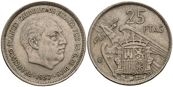 Испания 25 песет 1957 (68) KM 787 медно-никель 92-727