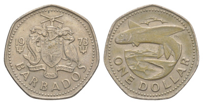 Барбадос 1 доллар 1973 летучая рыба KM 14.1 медно-никель 4637-325