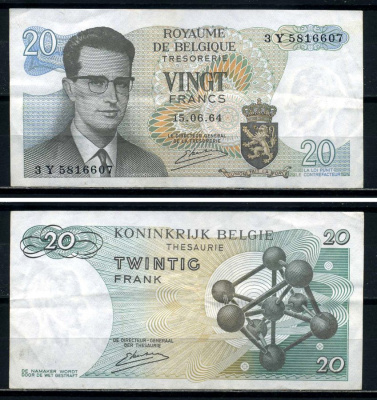 Бельгия 20 франков 1964 Бодуэн I, атомиум, Kestens Pick 138 (3) бумага 8601-6-1-2