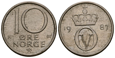 Норвегия 10 эре 1987 KM 416 медно-никель 4173-742