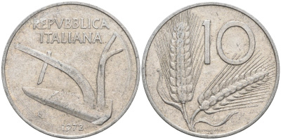 Италия 10 лир 1972 R, плуг, колосья KM 93 алюминий 4584-454