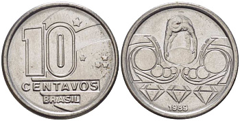 Бразилия 10 сентаво 1989 золотодобыча KM 613 нержавеющая сталь 116-1169