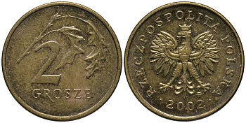 ПОЛЬША 2 ГРОША 2002 MW KM 277 латунь 201-414