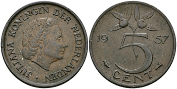НИДЕРЛАНДЫ 5 ЦЕНТОВ 1957 ЮЛИАНА KM 181 бронза 95-332