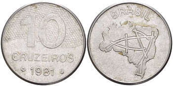 Бразилия 10 крузейро 1981 карта Бразилии KM 592.1 нержавеющая сталь 4388-231