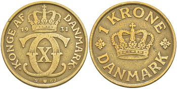 Дания 1 крона 1931 N; GJ, Кристиан X (1912-1947) KM 824.2 алюминиевая бронза 106-731