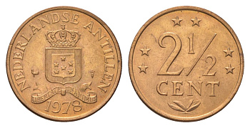 Нидерландские Антильские острова 2 1/2 цента 1978 KM 9 бронза UNC 4627-665