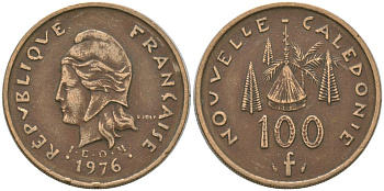 Французская Новая Каледония 100 франков 1976 хижина среди сосен и пальм, (IEOM) KM 15, Schoen 16, Lec 130 никель латунь 4137-522