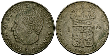 Швеция 1 крона 1965 U, Густав VI Адольф (1950-1973) KM 826 серебро 4556-616