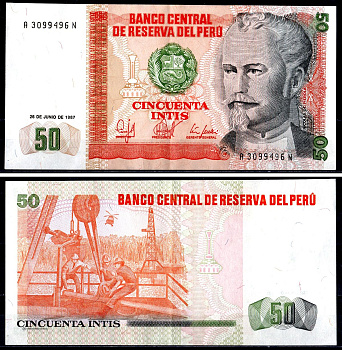 Перу 50 инти 1987 Николас де Пьерола, президент Pick 131 b бумага 3295-12-1-2