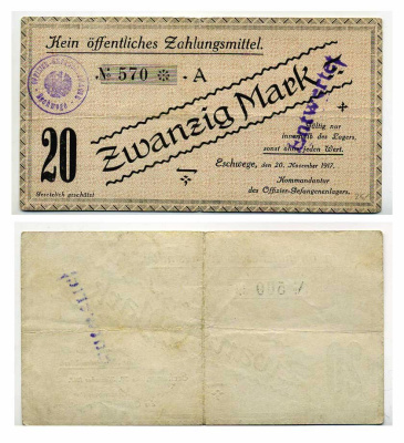Германия 20 марок 1917 Эшвеге (Гессен), лагерь военнопленных офицеров C-2949 бумага 504-85-3-1