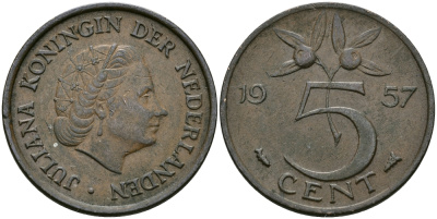 НИДЕРЛАНДЫ 5 ЦЕНТОВ 1957 ЮЛИАНА KM 181 бронза 95-332
