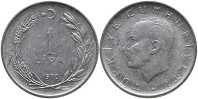 Турция 1 лира 1970 Мустафа Кемаль Ататюрк KM 889а.2 нержавеющая сталь 4384-312