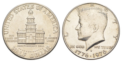 США 1/2 доллара (50 центов) 1976 D, 200 лет независимости, Джон Кеннеди KM 205 медь плакированная медно-никелем aUNC 4545-1014